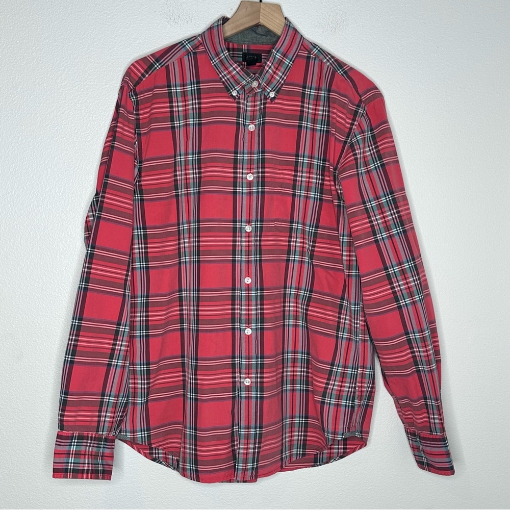 J.Crew 100% Cotton Plaid Red Tartan Long Sleeve Button Up Shirt Sz L Classic